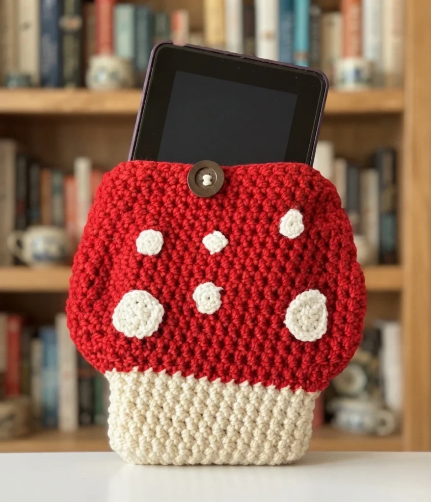 Crochet mushroom book sleeve with a red cap with white spots, a cream stem, a brown button and a tablet inside, standing in front of a bookshelf