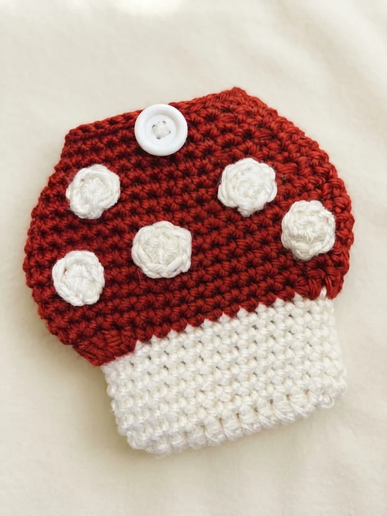 Crochet mushroom book sleeve with a red cap with white spots, a white stem and a large white button on a light background