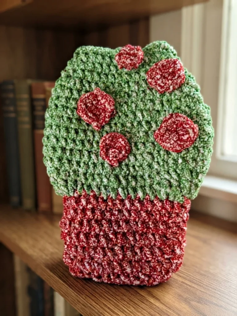 Crocheted mushroom book sleeve standing on a wooden shelf, with a mottled green upper section with red spots and a mottled red lower section, books in the background