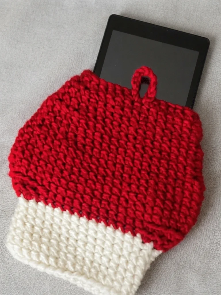 Red and white crochet mushroom book sleeve holding a tablet, with a red loop closure