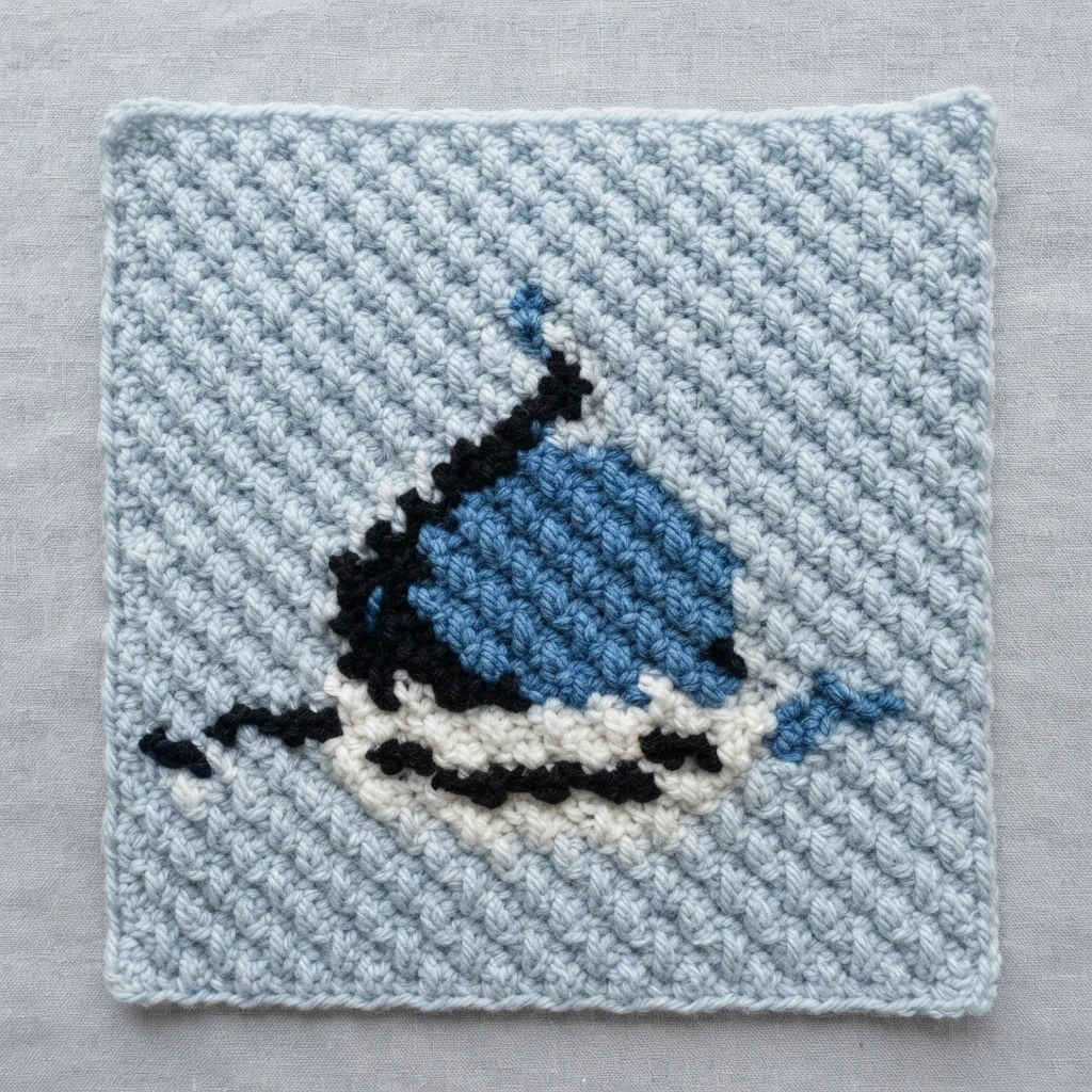 Square crocheted corner to corner block in light blue yarn with a cartoon style blue shark motif, black eye detail and white belly.