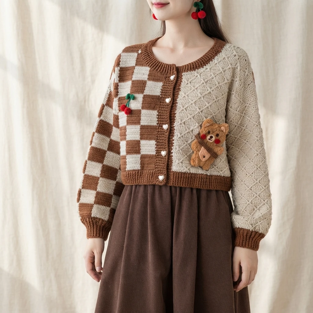Woman modelling a cropped crochet cardigan with brown and cream checkerboard front panels, a cream lattice-stitch side, heart-shaped buttons, a cherry applique and a small teddy bear applique, worn over a brown skirt.