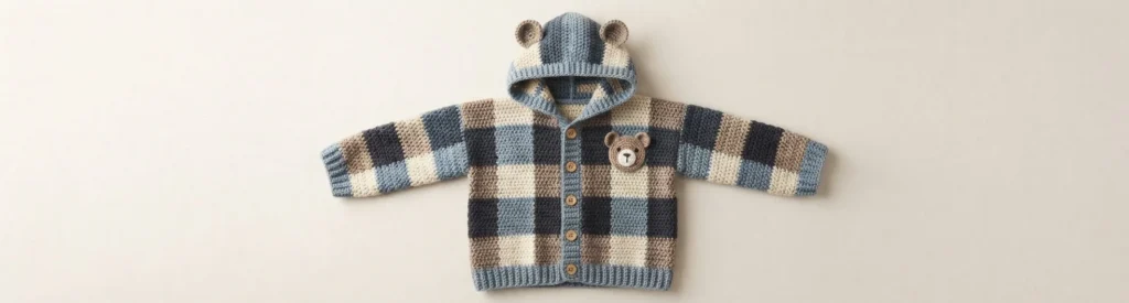 Flat lay of a crocheted plaid cardigan in blue, taupe and cream, with a hooded collar topped by bear ears, front buttons, ribbed cuffs and hem, and a small crocheted bear face applique on the chest.