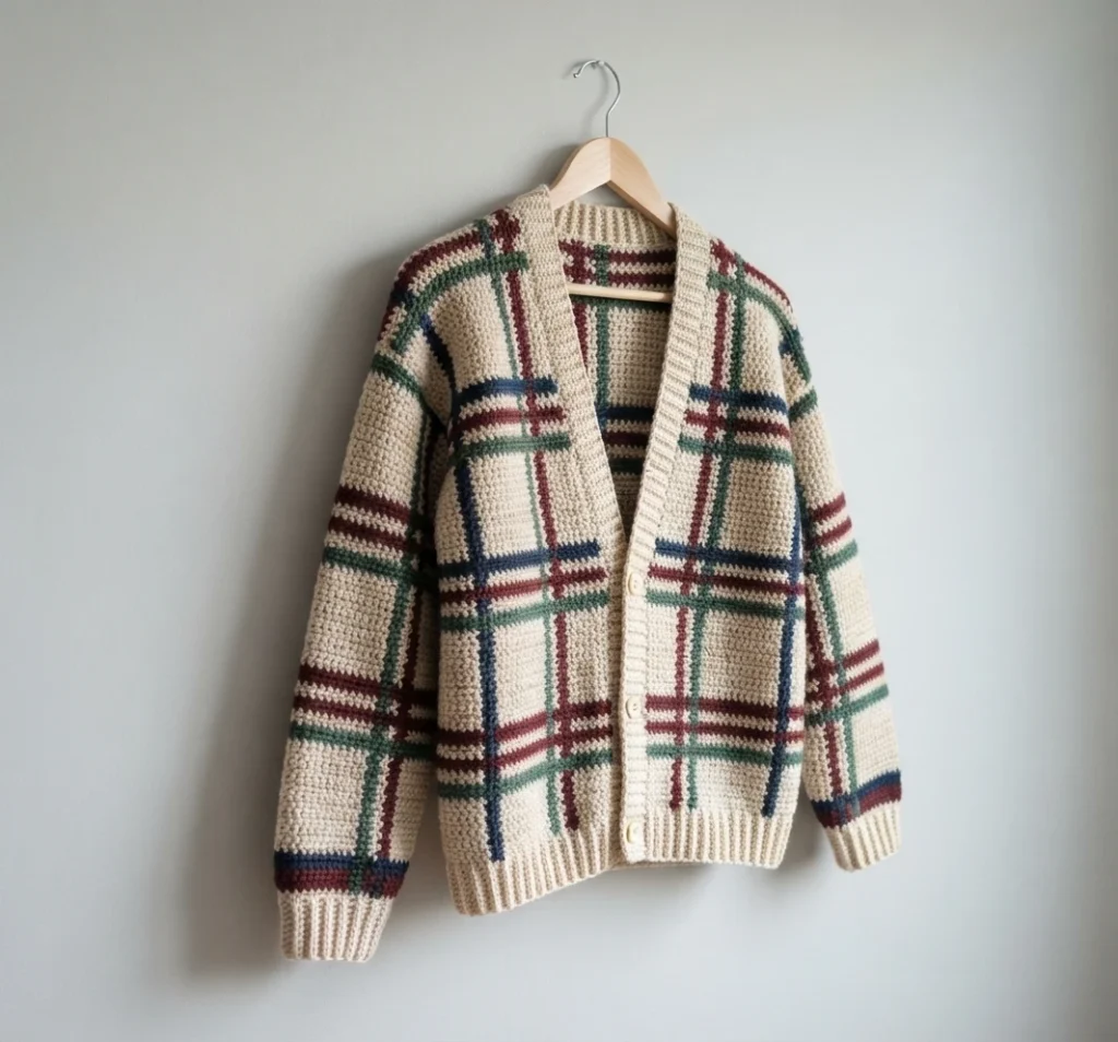 Cream crochet cardigan with green, red and navy plaid lines, V-neck, small buttons, ribbed cuffs and hem, hanging on a wooden hanger against a plain light wall.