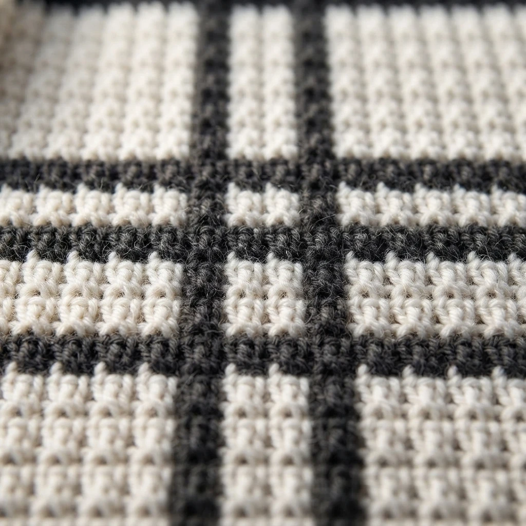 Close-up of crocheted plaid fabric with cream squares separated by dark grey grid lines, showing the gingham motif and stitch texture.