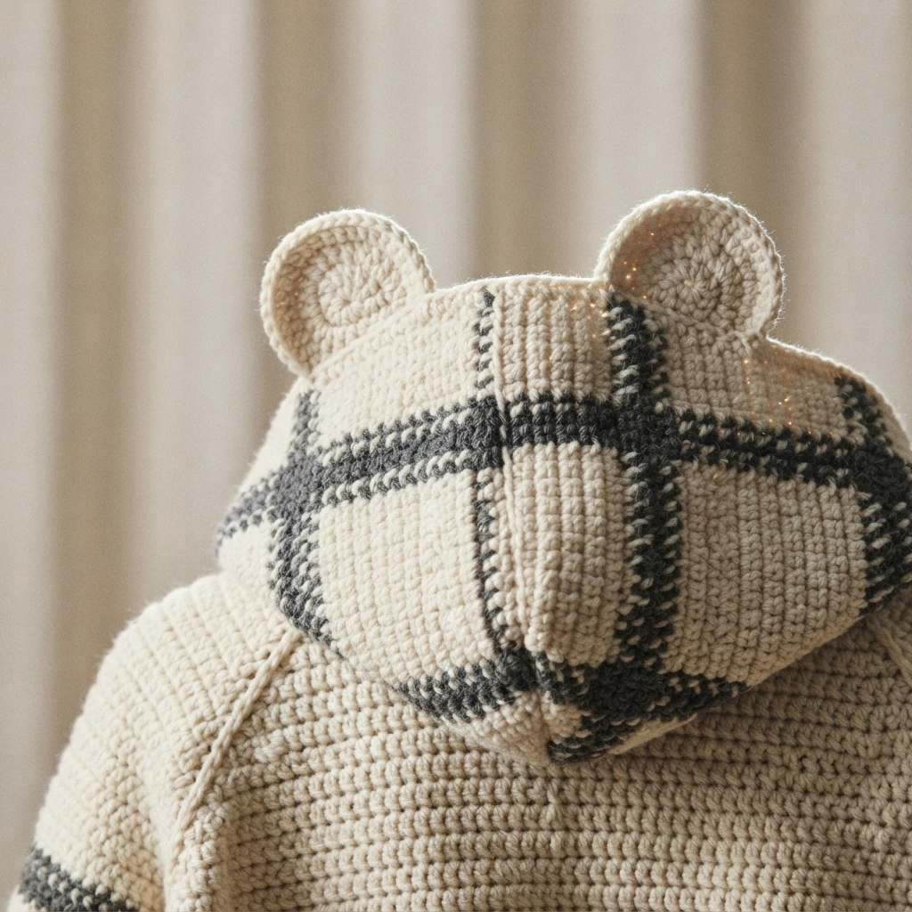Crocheted hood in cream yarn with dark plaid stripes and two rounded bear ears, photographed from behind against a soft beige curtain backdrop.