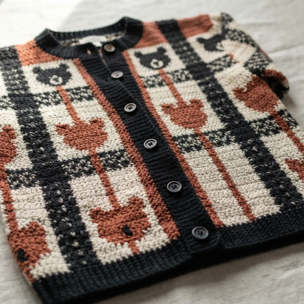 Flat-lay of a crocheted cardigan in cream, dark navy and rust plaid with bear motifs, a buttoned front band and ribbed edges, resting on light fabric.