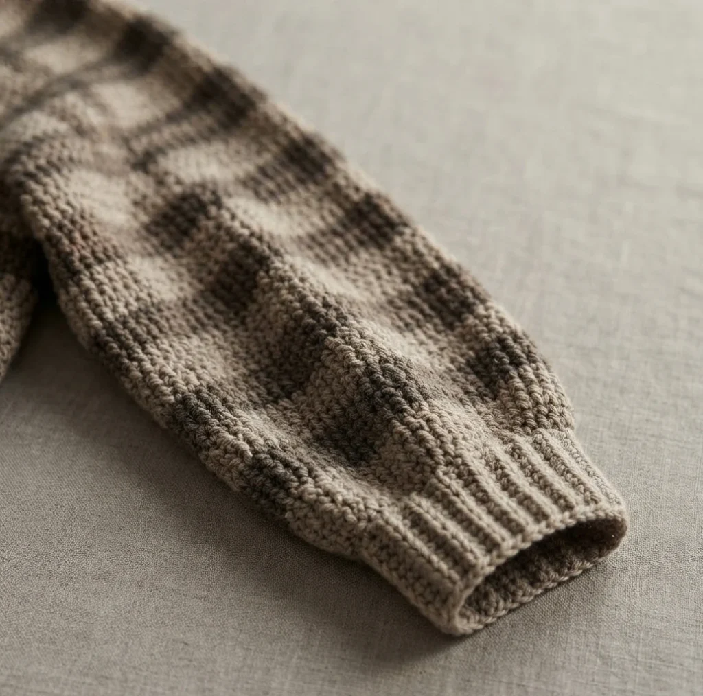 Close-up of a crocheted sleeve in beige and dark brown plaid, ending in a ribbed cuff, laid on a light grey fabric surface.