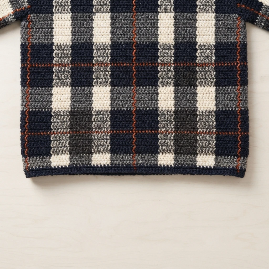 Crocheted plaid panel in navy, grey and white with thin rust accent lines, laid flat on a pale wood surface, with small sections of sleeve visible at the top corners.