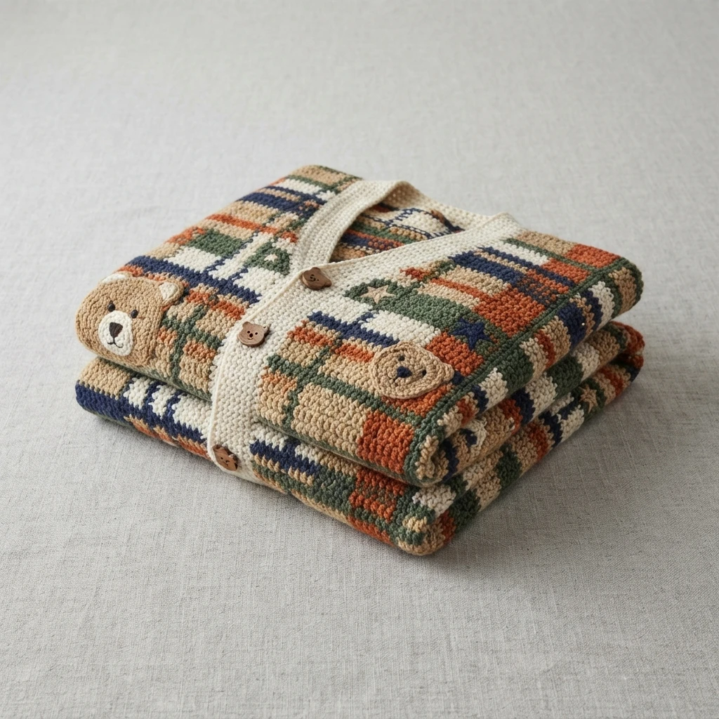 Cardigan crocheté plié et posé à plat sur un tissu clair, motif à blocs vert, orange, bleu marine et crème, bande avant crème avec boutons en bois et petites têtes d'ours appliquées.