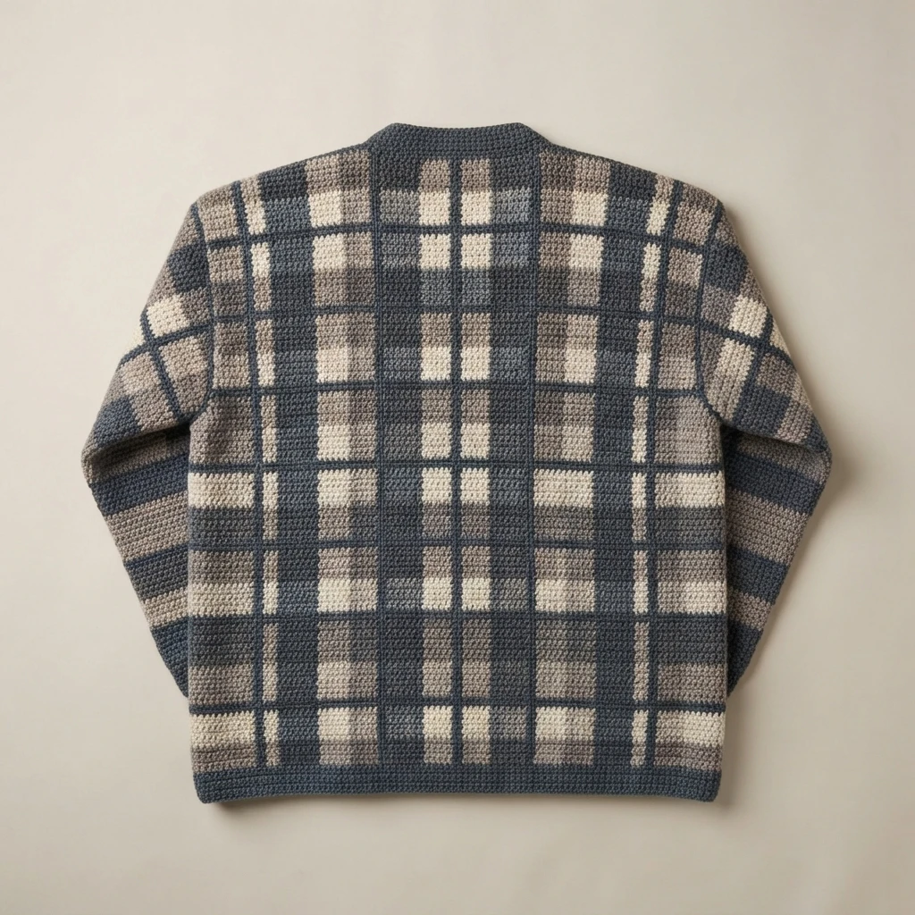 Crocheted cardigan back piece with a plaid check pattern in blue, cream, grey and taupe, laid flat on a plain pale background, showing sleeves and a ribbed lower edge.