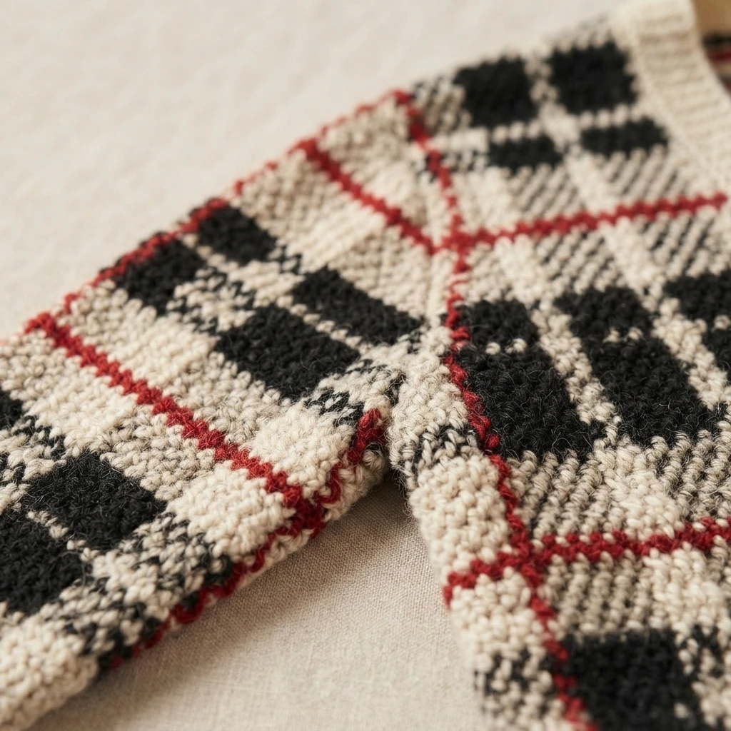 Close-up of folded crocheted fabric in cream, black and red showing a plaid check pattern and textured stitch surface.