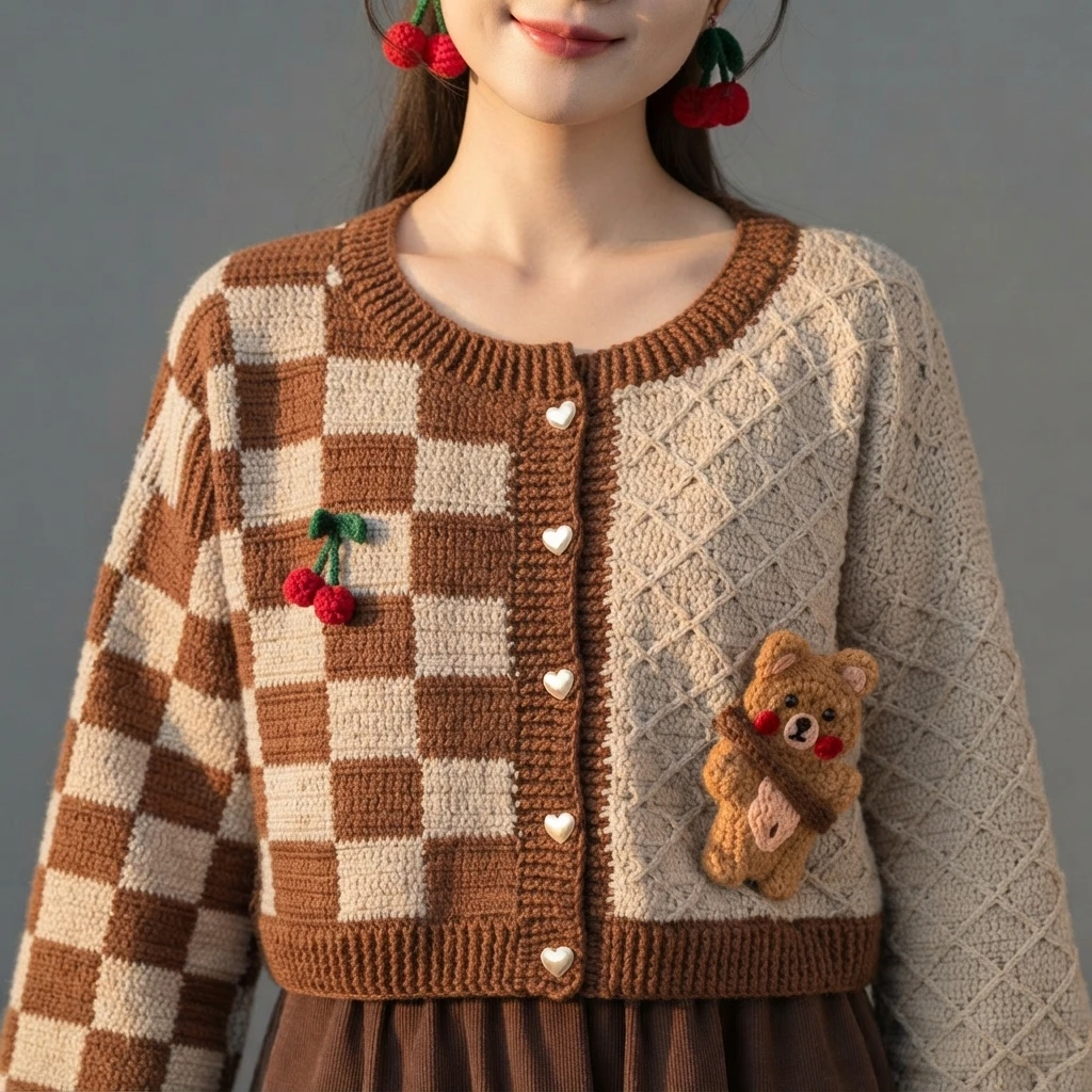 Woman wearing a brown and cream checkerboard crochet cardigan with heart shaped buttons, a cherry applique on the left front and a teddy bear applique on the right front, shown from the chest up against a plain grey background.