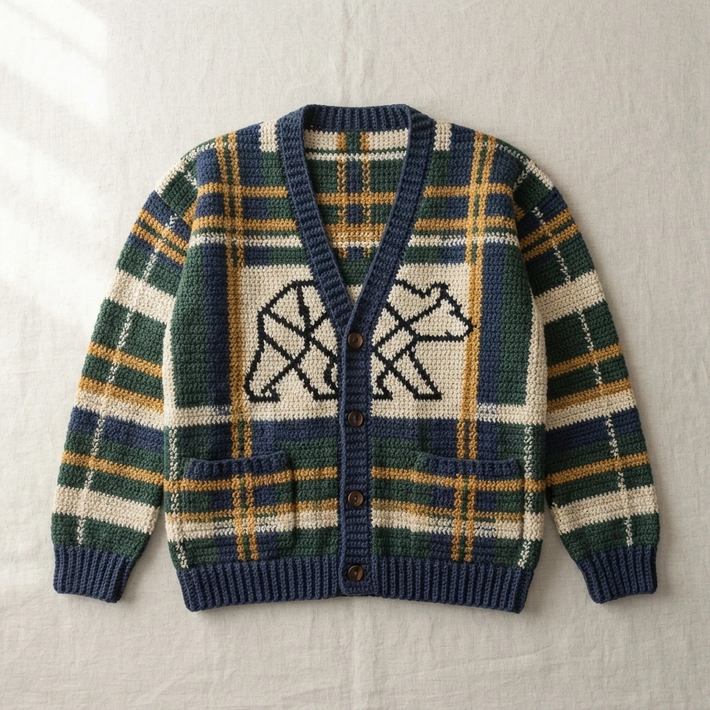 Crocheted cardigan shown flat on a light fabric background, with a plaid pattern in navy, green, cream and mustard, two bear motifs on the front panels, a ribbed V-neck band, dark front buttons and two front pockets.
