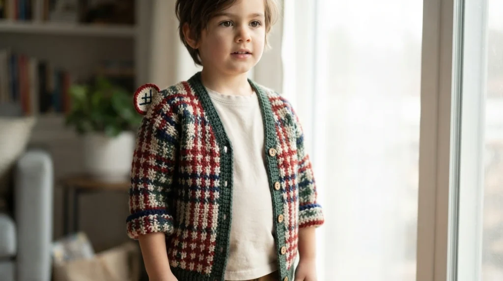 A young child wearing a crocheted plaid cardigan in green, red and navy with a small bear motif on the shoulder, standing beside a bright window with a bookshelf and plant in the background.