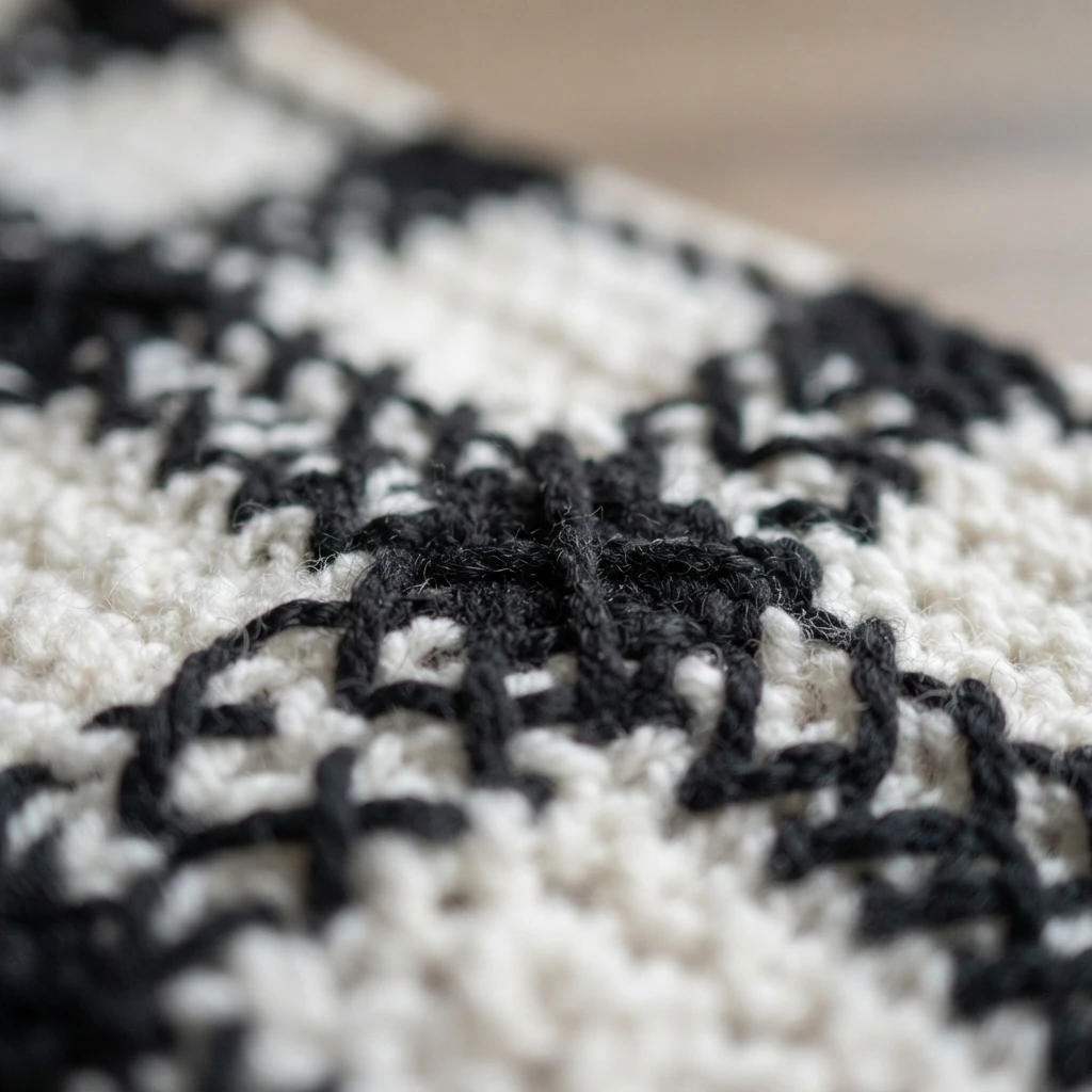 Macro close-up of crocheted colorwork fabric in cream and dark grey yarn, with a dark motif worked into the light stitches and visible textured surface.