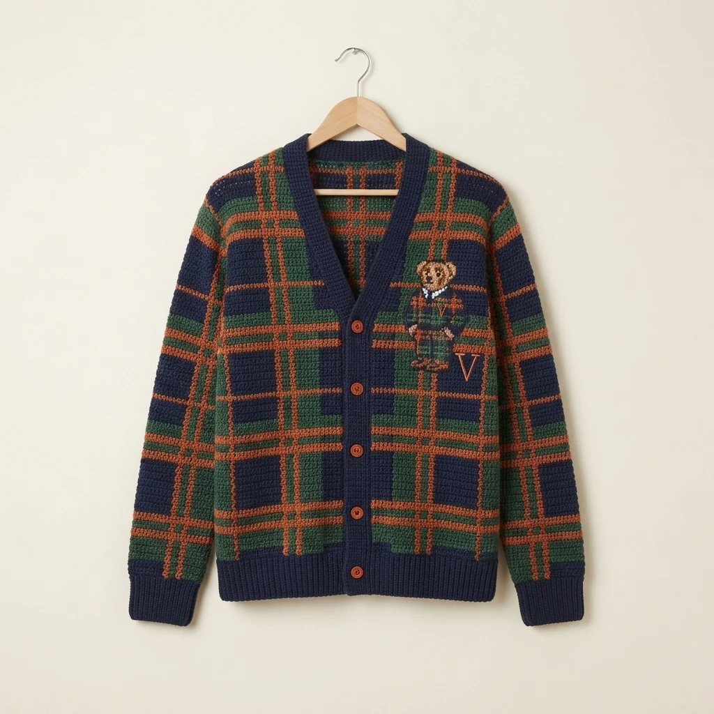 Navy, green and rust plaid crochet cardigan with a teddy bear applique and buttons, hanging on a wooden hanger against a plain cream wall.