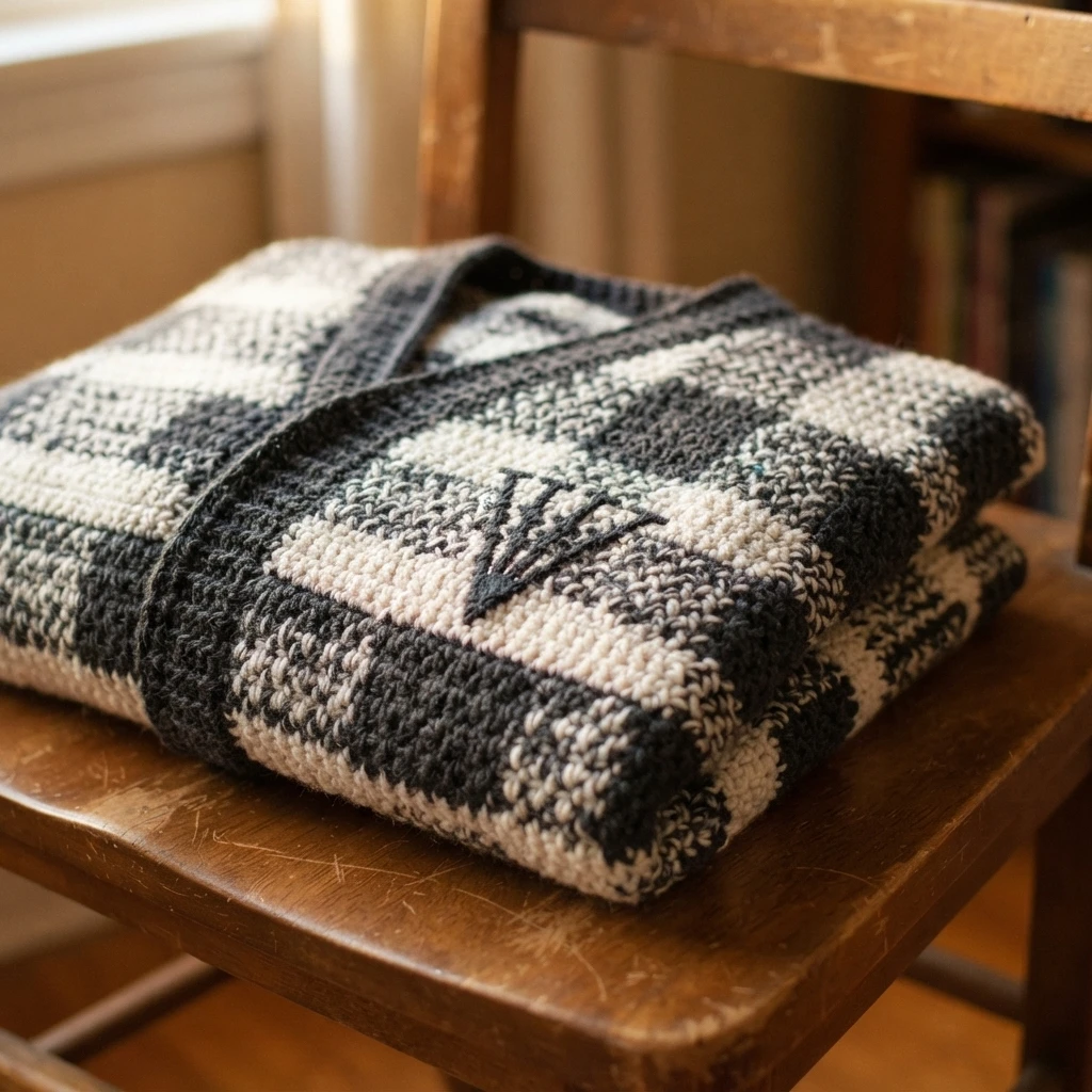Folded crocheted cardigan in dark grey and cream plaid resting on a wooden chair, with a stitched abstract motif on the front panel
