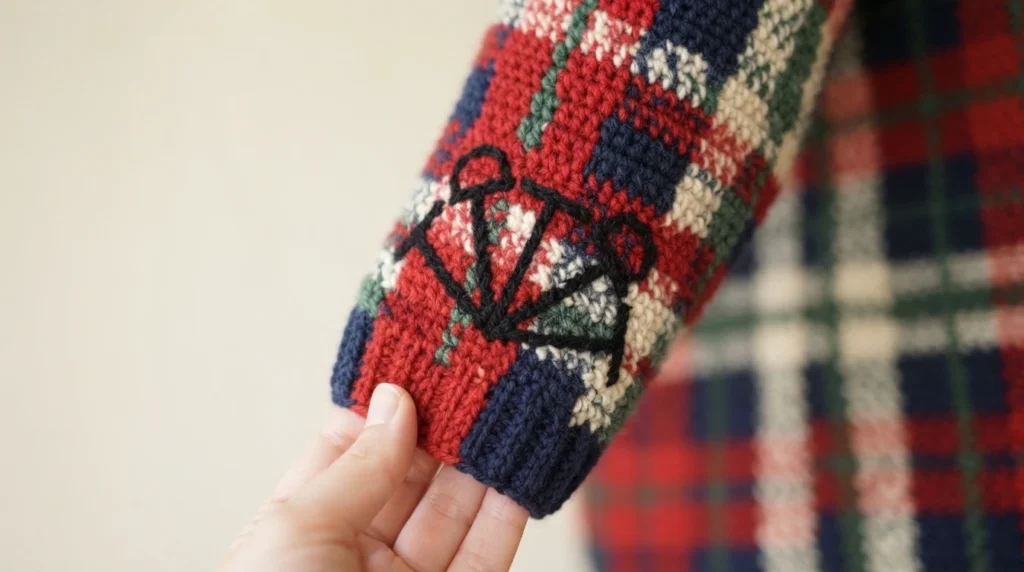 Close-up of a hand holding the ribbed cuff of a crocheted plaid cardigan sleeve in red, navy, green and cream, with a black embroidered star motif on the sleeve.