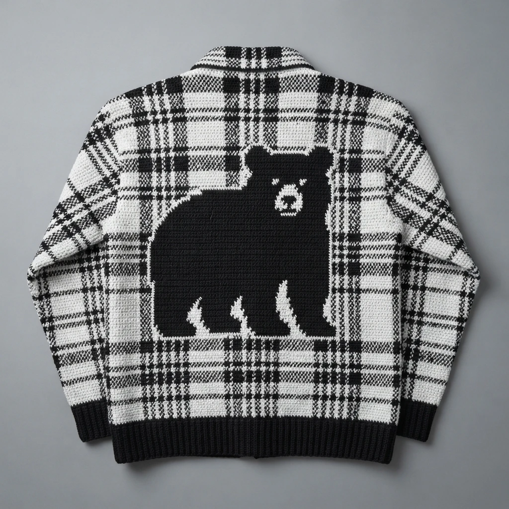 Plaid cardigan photographed flat from the back, black and white checks with a large black bear motif in the centre of the back panel and ribbed cuffs and hem.