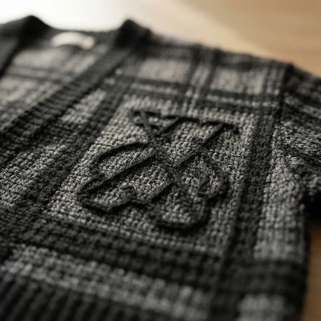 Close-up of a dark gray and black crochet cardigan front with a plaid pattern, a raised crochet letter motif and a button at the top of the band.