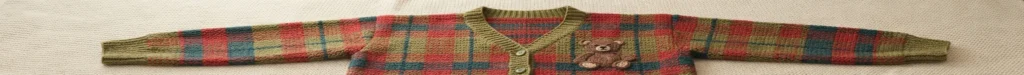 Plaid crochet cardigan laid flat on a light textured surface, with green ribbed collar, cuffs and hem, red, green and blue checked pattern, front buttons and a small bear applique on one front panel.