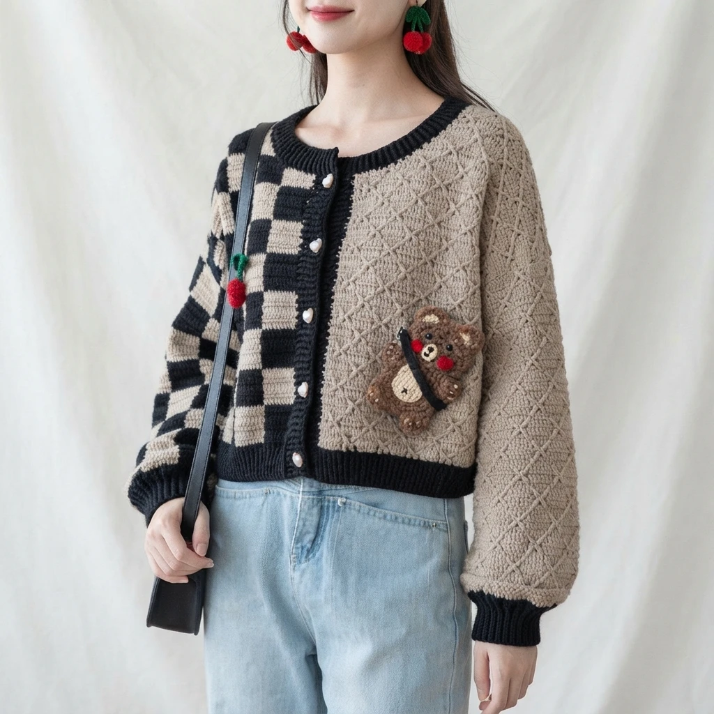 Woman wearing a black and beige checkerboard crochet cardigan with a textured beige front panel, white buttons, a small bear applique and a cherry pin, styled with blue jeans and a black shoulder bag.