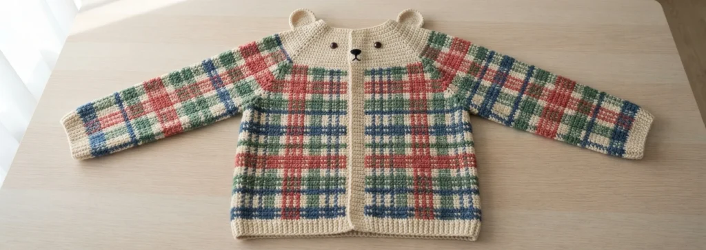Gilet crocheté à carreaux rouges, verts, bleus et crème, photographié à plat sur une surface en bois clair, avec un col crème en forme de tête d'ours aux oreilles arrondies, aux yeux foncés et au museau, ainsi qu'une bordure et des poignets