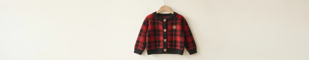 Red and black plaid crocheted cardigan hanging on a wooden hanger against a plain light wall, with small bear-shaped buttons along the front band.