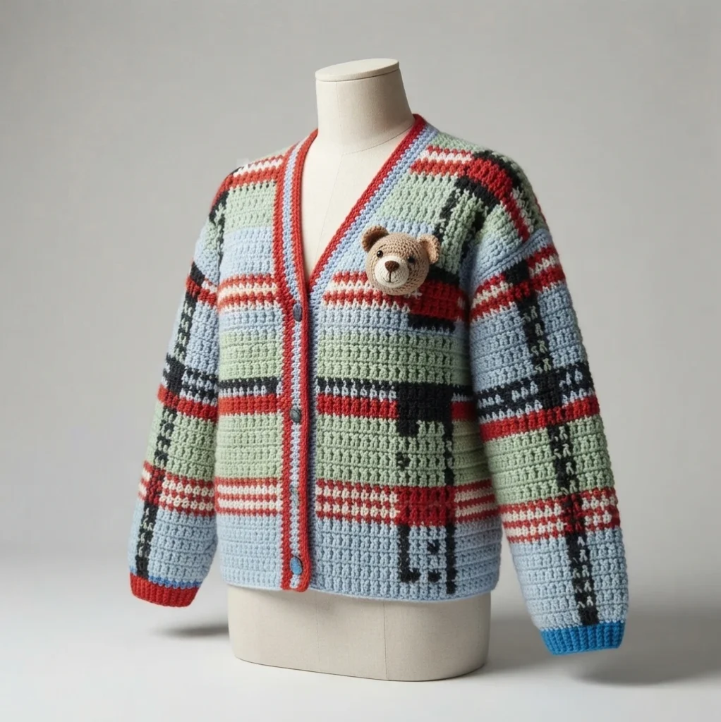 Crocheted cardigan in blue, green, red and black plaid displayed on a dress form, with a small crocheted bear appliqué on the chest and buttons down the front.