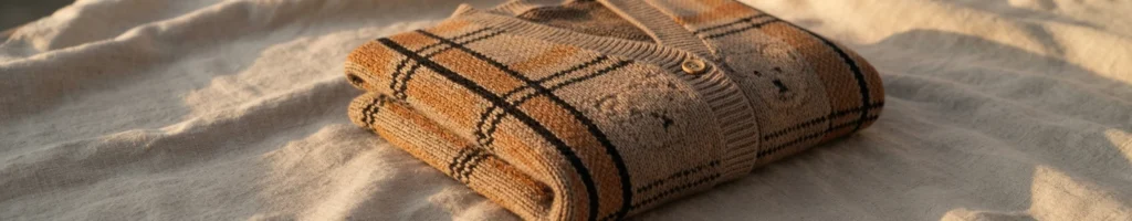 A folded crocheted cardigan in beige and tan with thin black plaid lines, a small bear face motif and one button, resting on a wrinkled linen surface in warm light.