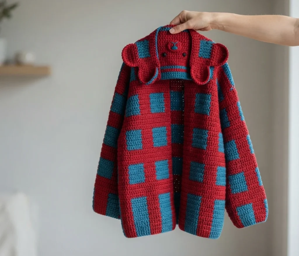 Crocheted red and blue plaid cardigan with bear-ear collar held up by a hand against a plain light wall