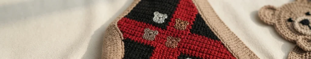 Close-up of a crocheted checkerboard panel in red and black with a beige border, small crocheted bear motifs worked across the surface and a crocheted bear head applique at the right edge on a pale fabric background.