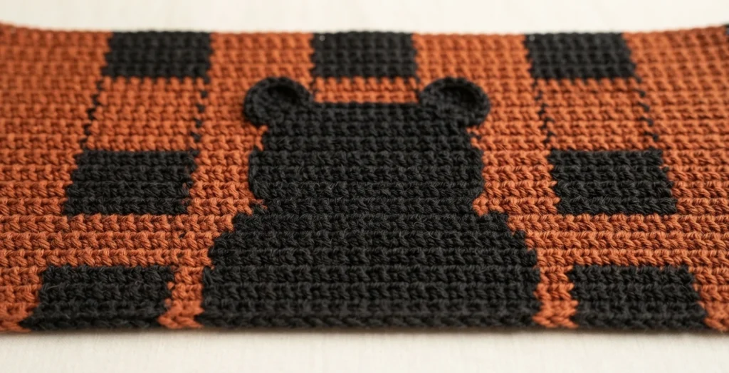 Close-up of a crocheted plaid fabric in rust orange and black, with a black bear silhouette worked into the centre.