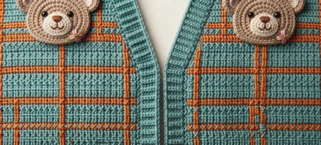 Gros plan de deux devants de gilet au crochet bleu sarcelle parcourus de lignes orange formant un quadrillage, avec bandes de boutonnage côtelées et petits appliqués ours en haut de chaque devant.