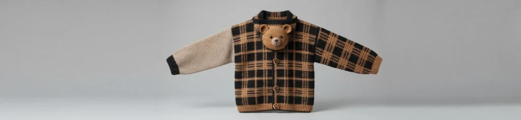 Crocheted plaid cardigan laid flat in black and caramel checks, with one beige sleeve, a bear face appliqué at the neckline and bear shaped buttons down the front.