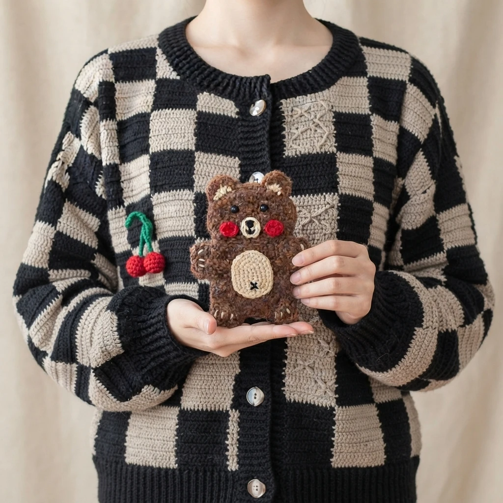 Close-up of hands holding a crocheted brown bear applique with red cheeks, a cream muzzle and a cream belly, displayed on a black and cream checkered crocheted cardigan with a cherry charm attached to the front.