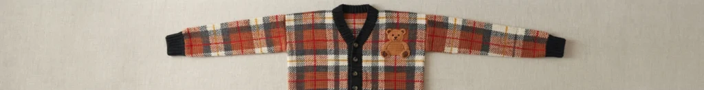 Flat lay of a crocheted plaid cardigan in red, blue, cream and brown, with a black ribbed collar, cuffs and front band, dark round buttons and a small brown teddy bear appliqué on the right front, photographed on a light fabric background.