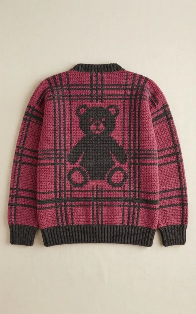 Crocheted cardigan shown from the back and laid flat: pink and black tartan plaid with a large black teddy bear motif centered on the back, plus black ribbed cuffs, hem and collar.