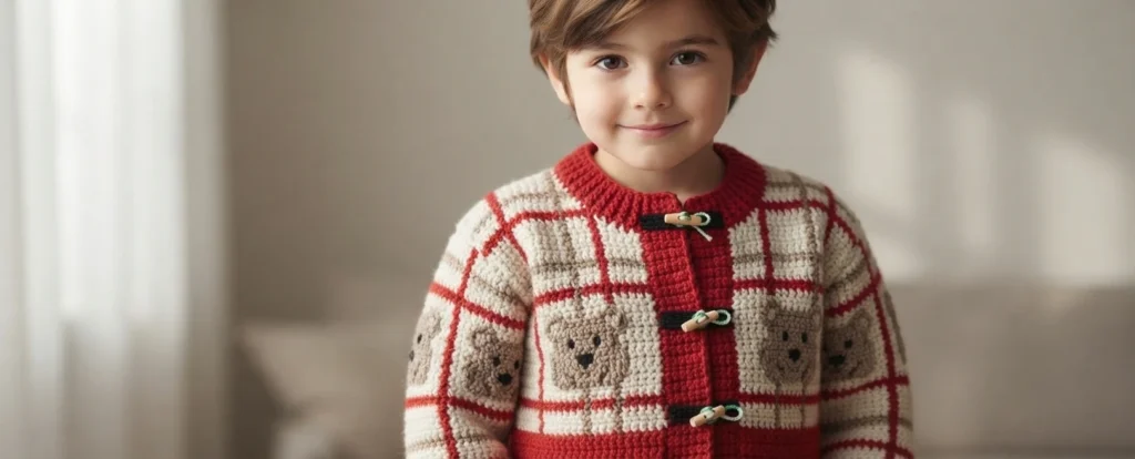 A young child wearing a red, cream and grey plaid crocheted cardigan with bear motifs and wooden toggle fastenings, photographed indoors.