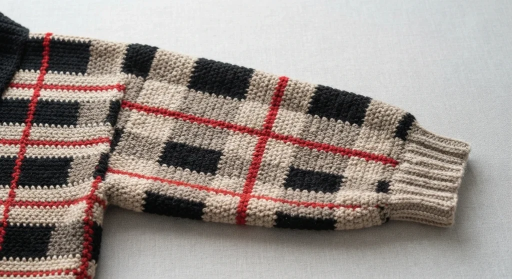 Crocheted plaid sleeve attached to part of a cardigan body, laid flat on a pale surface, worked in beige with black rectangular blocks and thin red lines forming a tartan grid, finished with a ribbed beige cuff.