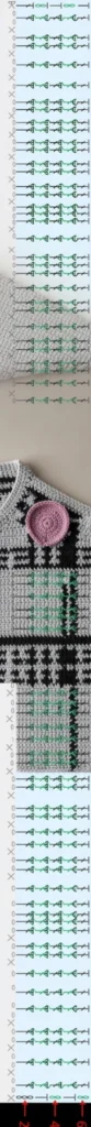 Tall crochet stitch-symbol chart paired with a photo inset of a gray and white plaid crocheted garment showing a pink circular motif on the front.