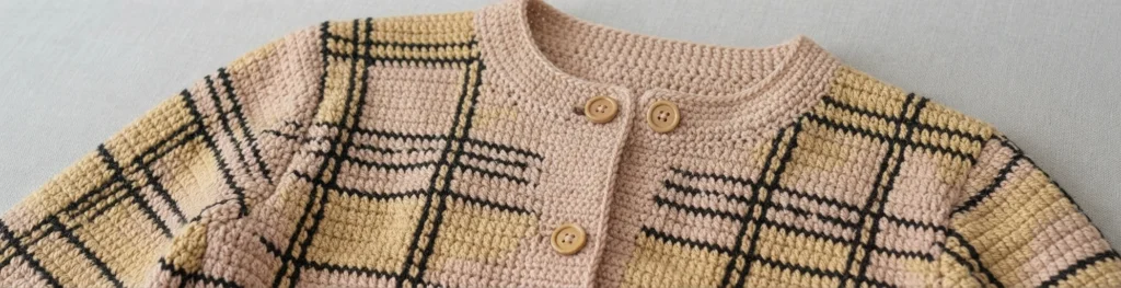 Close-up of a crocheted cardigan laid flat, with pale pink and yellow plaid blocks separated by thin black grid lines, a ribbed round neckline, and round wooden buttons along the front band.