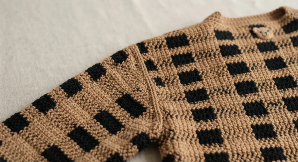 Close-up flat lay of a crocheted cardigan with a caramel tan and black check pattern and a small bear motif near the neckline, resting on light fabric.