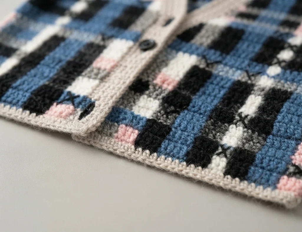 Gros plan d'un ouvrage au crochet à motif écossais en bleu, noir, blanc et rose avec de petits carrés rose pâle, bordé d'une bande de boutonnage crème et de boutons sombres.