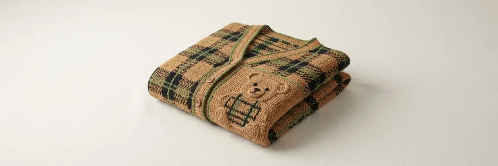 Folded caramel crochet cardigan with a green and black plaid pattern, a crocheted teddy bear face on the front, green trim along the front bands and round buttons.