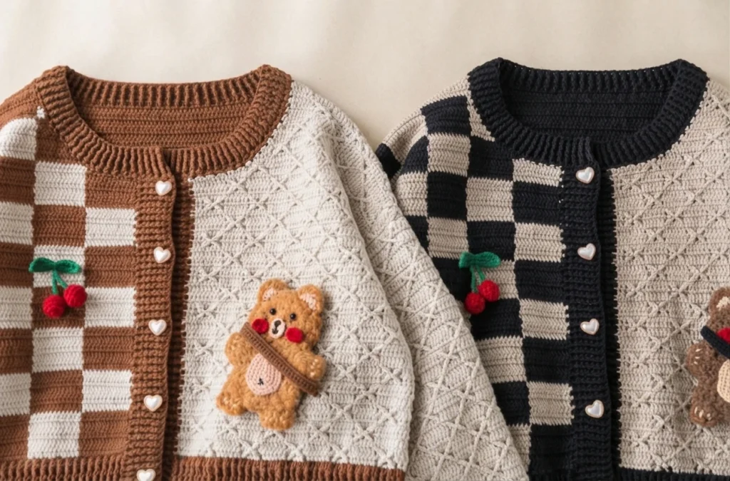 Two crocheted plaid cardigans laid flat side by side: a brown and cream version on the left and a black and cream version on the right, each with ribbed trim, heart shaped buttons, a cherry applique on the plaid front and a teddy bear appli