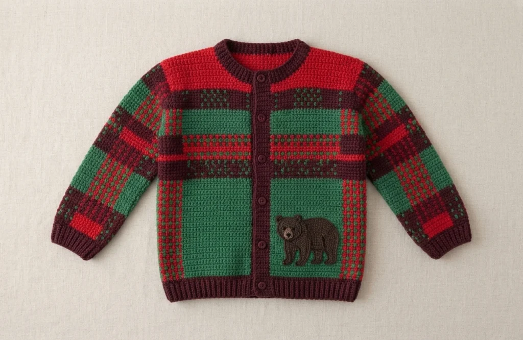 Flat-lay photo of a crocheted cardigan with red, green and dark brown plaid blocks, a dark brown bear applique on the lower front, and dark ribbed cuffs, hem and button band with six buttons.