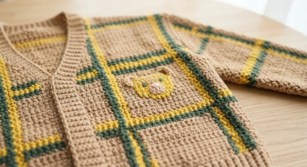 Close-up of a crocheted cardigan laid flat on a light wood surface, beige background crossed by yellow and green tartan lines, a small crocheted bear face applique on the front panel, ribbed front band and cuffs visible.
