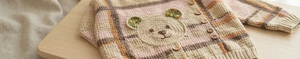 Gilet crocheté à plat sur une table en bois clair, motif à carreaux rose pâle, crème, orange et brun, boutons ronds en bois et application d'une face d'ours avec oreilles vertes et jaunes.